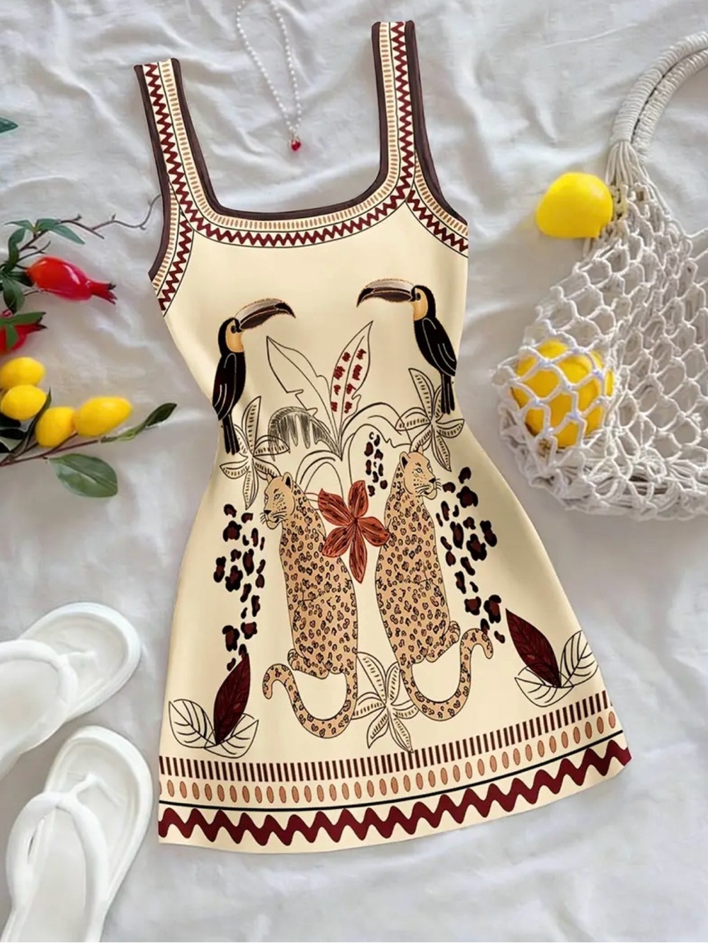 Cream Tropical Leopard Print Tank Sundress